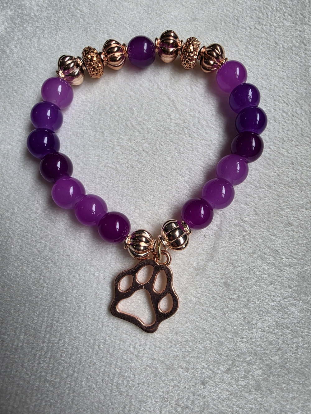 Purple Beaded Paw Charm Bracelet - Rose Gold Accents